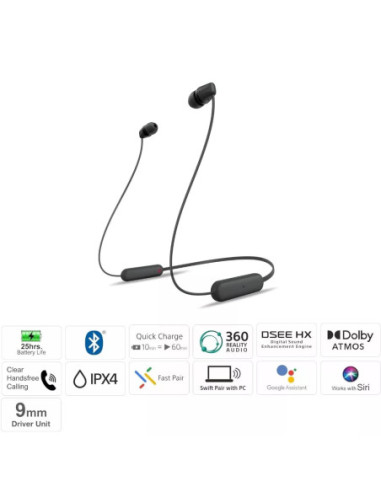 AUDIFONOS SONY INALAMBRICO 9MM 20 20KHZ MICROF  INTEGR  25H DUR  NEGRO