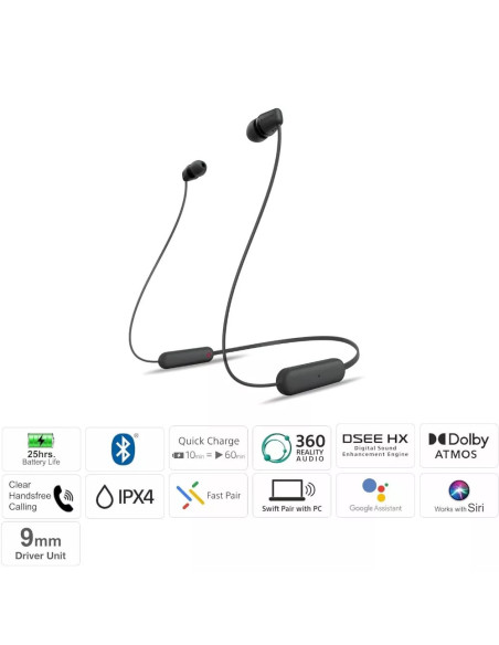 AUDIFONOS SONY INALAMBRICO 9MM 20 20KHZ MICROF  INTEGR  25H DUR  NEGRO