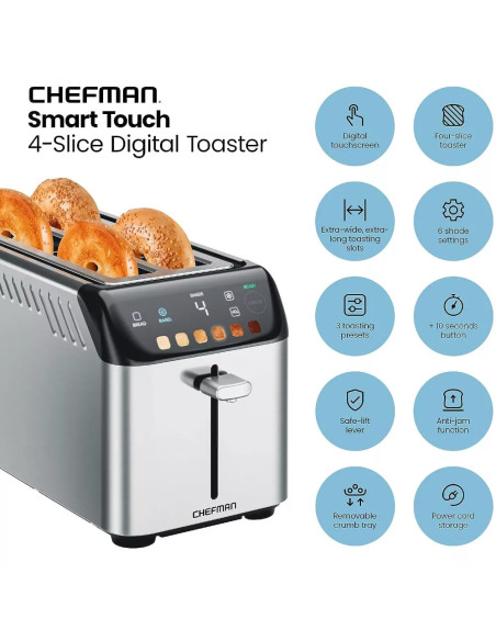 TOSTADORA CHEFMAN 4 REBANADAS 850W DIGITAL 6 SOMBRAS 3 FUNCIONES ACERO INOX