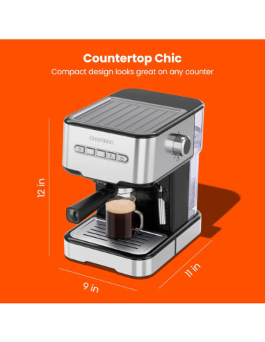 CAFETERA EXPRESO-CAPUCHINO-LATE CHEFMAN 4 EN 1-PANEL BOTONES- CON 15 BARES 1.5LTS ACERO INOX.