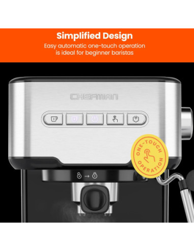 CAFETERA EXPRESO-CAPUCHINO-LATE CHEFMAN 4 EN 1-PANEL BOTONES- CON 15 BARES 1.5LTS ACERO INOX.