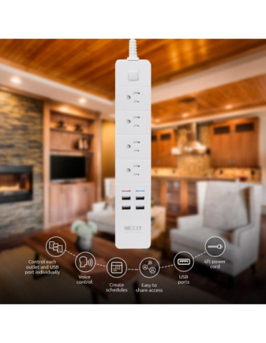 REGLETA NEXXT HOME SMART 4 ENCHUFES-4 PUERTOS USB-WIFI-ALEXA-GOOGLE ASSIT.