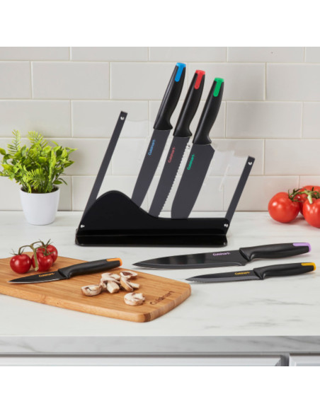 SET DE CUCHILLOS CUISINART CERAMICA ACERO INOX. -CON BASE ACRILICA-TAPAS COLORES-7 PCS- NEGRO