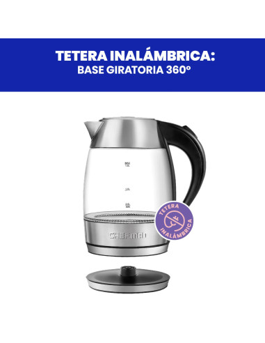 TETERA ELECTRICA CHEFMAN INALAMBRICA 1.8LTS-LUCES LED-BOTON- INFUSOR JARRA DE CRISTAL ACERO INOX.
