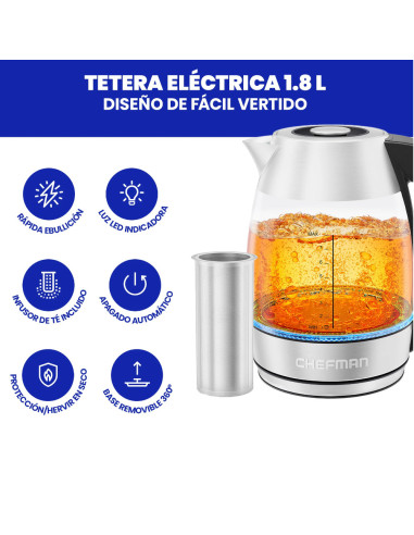 TETERA ELECTRICA CHEFMAN INALAMBRICA 1.8LTS-LUCES LED-BOTON- INFUSOR JARRA DE CRISTAL ACERO INOX.