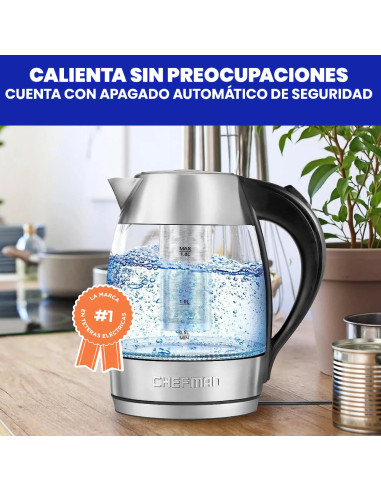TETERA ELECTRICA CHEFMAN INALAMBRICA 1.8LTS-LUCES LED-BOTON- INFUSOR JARRA DE CRISTAL ACERO INOX.