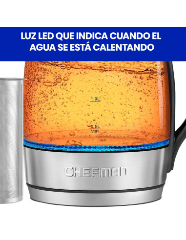 TETERA ELECTRICA CHEFMAN INALAMBRICA 1.8LTS-LUCES LED-BOTON- INFUSOR JARRA DE CRISTAL ACERO INOX.