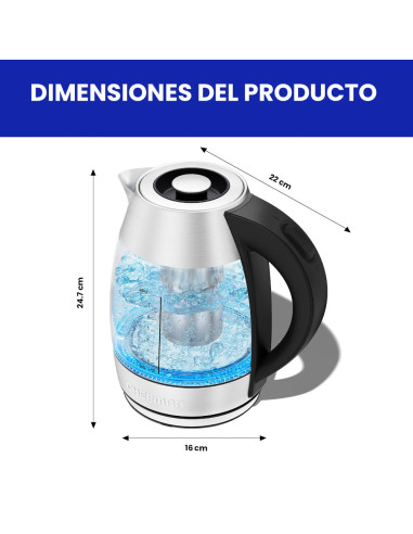 TETERA ELECTRICA CHEFMAN INALAMBRICA 1.8LTS-LUCES LED-BOTON- INFUSOR JARRA DE CRISTAL ACERO INOX.