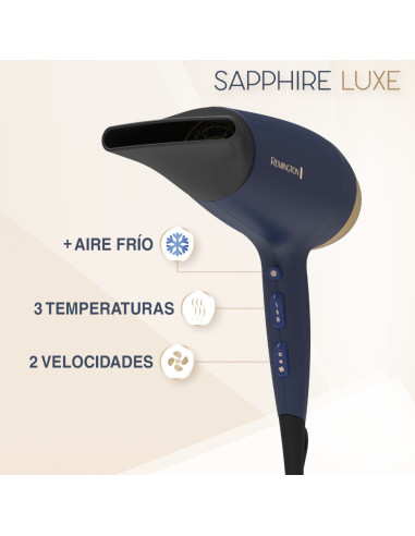 Secador De Cabello Remington Sapphire Luxe 2200w 3 Niveles 2 Vel. Acondicionamiento Azul Marino-Champagne
