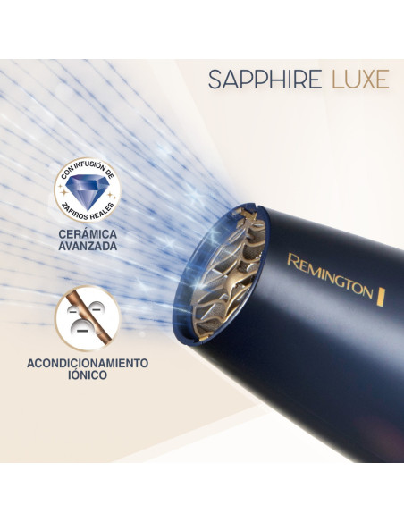 Secador De Cabello Remington Sapphire Luxe 2200w 3 Niveles 2 Vel. Acondicionamiento Azul Marino-Champagne