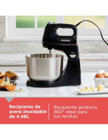 Batidora De Pedestal Black Decker 250w 5 Velocidades + Turbo 2 Tazones Acero Inox.-Vidr Negro