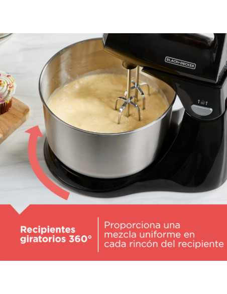 Batidora De Pedestal Black Decker 250w 5 Velocidades + Turbo 2 Tazones Acero Inox.-Vidr Negro
