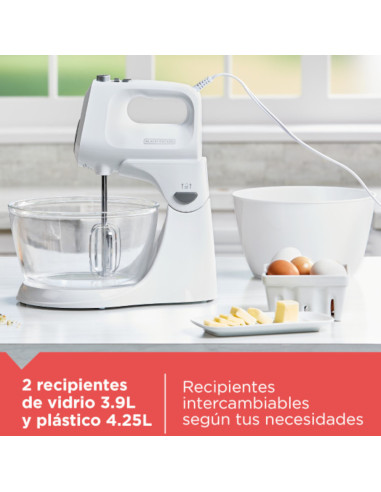 Batidora De Pedestal Black Decker 250w 5 Velocidades 2 Tazones Vidr.-Plast. Turbo Blanca