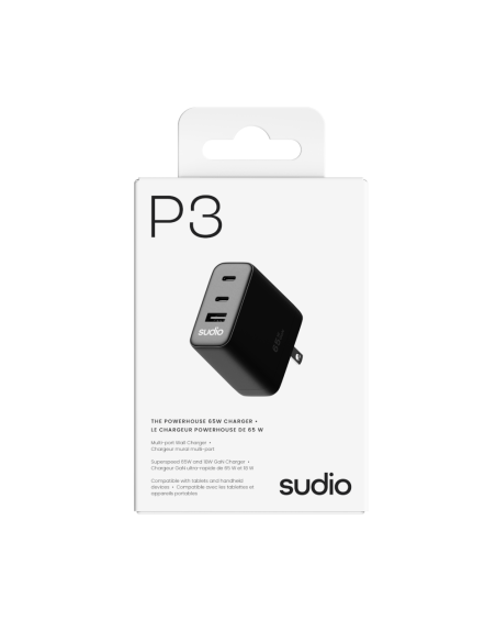 Cargador Tipo Usb-C 65w - 2 Puertos Usb-C 1 Puerto Usb-A Negro