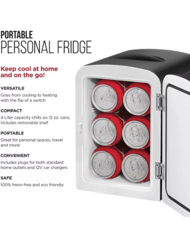 MINI REFRI CHEFMAN PORTATIL 4LTS PUERTA AJUSTE FRIO CALIENTE 0 65 GRD CENTIGRADOS NEGRO